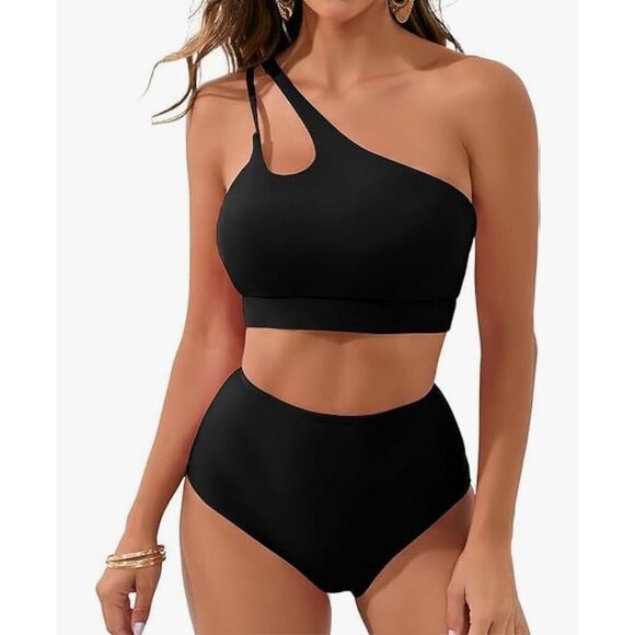 black one shoulder with slit bikini high waisted size - Picture 1 of 6